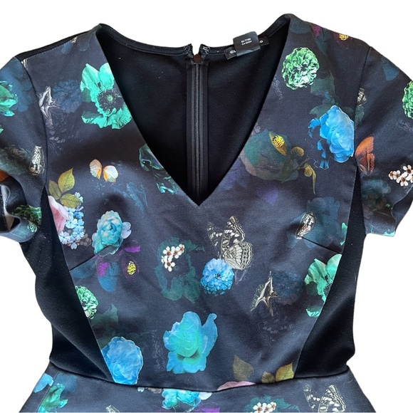 Club Monaco Aurelie Floral Fit And Flare Butterflies Dress Pockets Black Size 2 - Picture 2 of 10